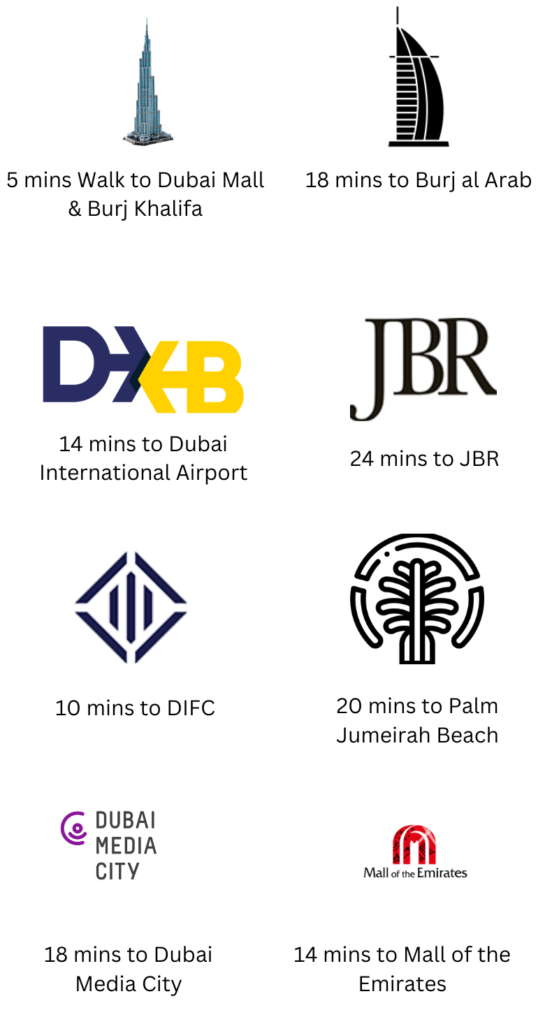 distance from dunya tower to main locations nearby in dubai uae